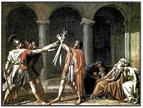 Νταβίντ, Ο όρκος των Ορατίων, 1785, ελαιογραφία, Παρίσι, Λούβρο. Ο πίνακας θεωρείται ως το μανιφέστο τον γαλλικού νεοκλασικισμού, ως "ο ωραιότερος πίνακας του αιώνα" και ως επαναστατικό έργο ανταποκρινόμενο στις ηθικές και πολιτικές προσδοκίες της αστικής τάξης.