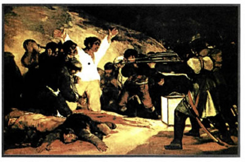 Γκόγια (1746-1828). Η εκτέλεση των εξεγερμένων της 3ης Μαΐου 1808 στη Μαδρίτη, 1814, ελαιογραφία σε μουσαμά, Μαδρίτη, Πράδο. Η εξέγερση Ισπανών πατριωτών εναντίον της γαλλικής κατοχής αποδίδεται με συγκλονιστικό τρόπο. Το έργο αποτελεί ύμνο στην αντίσταση και διαμαρτυρία εναντίον της βίας και της βαρβαρότητας.