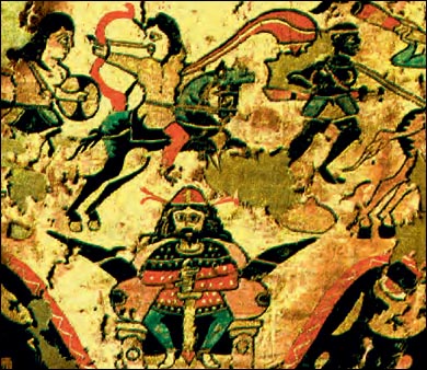 Πέρσης βασιλιάς παρακολουθεί διεξαγωγή μάχης. Παράσταση αιγυπτιακού τάπητα (Λυών, Ιστορικό Μουσείο Υφασμάτων).