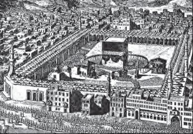 Η Μέκκα με το ιερό Κααμπά, οικοδόμημα που έχει σχήμα κύβου και περιέχει ένα μαύρο μετεωρίτη (οξυγραφία του 18ου αι.)