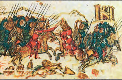 Μικρογραφία από το σλαβονικό χειρόγραφο της Χρονογραφίας του Κωνσταντίνου Μανασσή (14ος αι.) (Ρώμη. Βιβλιοθήκη του Βατικανού).