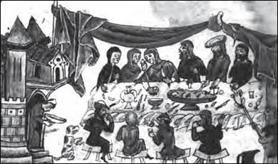 Δείπνο πλουσίων. Μικρογραφία χειρογράφου του 14ου αι. (Παρίσι, Εθνική Βιβλιοθήκη).