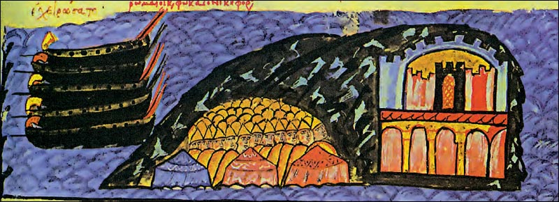 Ο βυζαντινός στρατός υπό τον Νικηφόρο Φωκά αποβιβάζεται στον Χάνδακα (Ηράκλειο) και ανακαταλαμβάνει την Κρήτη από τους Άραβες (961). Μικρογραφία από τη Χρονογραφία του Ιωάννη Σκυλίτζη (Μαδρίτη, Εθνική Βιβλιοθήκη).