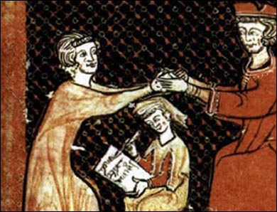 Ο όρκος πίστης και υποταγής (Homagium). Ο υποτελής βάζει τα όνο χέρια του στα χέρια του φεουδάρχη. Από μια τελετή περιβολής. Μικρογραφία τον 13ου αι. Αρχεία Διαμερίσματος Ανατολικών Πυρηναίων. Perpignan.