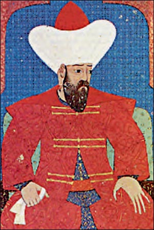 Ο Σουλτάνος Ορχάν (1326-1360), ο οποίος έθεσε τα θεμέλια της μελλοντικής επέκτασης των Οθωμανών. Μικρογραφία από χειρόγραφο του 16ου αι. (Κωνσταντινούπολη, Βιβλιοθήκη Τοπκαπί).
