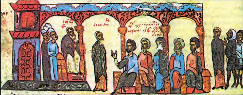 Ο Πατριάρχης Φώτιος ένθρονος σε δημόσια συζήτηση. (Μικρογραφία από χειρόγραφο, (Μαδρίτη, Εθνική Βιβλιοθήκη).