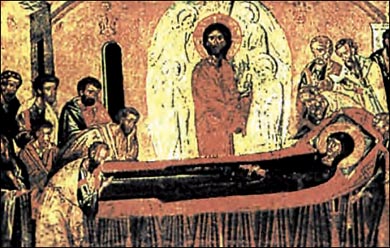 Η Κοίμηση της Θεοτόκου. Τοιχογραφία, μέσα 15ου αι., Περίβλεπτος Μυστρά.