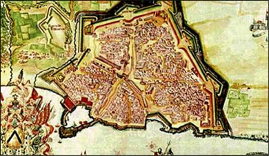 Ο Χάνδακας (Ηράκλειο) κατά την τελευταία περίοδο της πολιορκίας του (1648-1669). Βενετία, Μαρκιανή Βιβλιοθήκη.