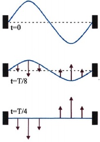 Σχ. 2.17 Στιγμιότυπα στάσιμου κύματος σε χορδή. Τη στιγμή μηδέν η χορδή είναι ακίνητη, οπότε Κ=0, όλη η ενέργεια είναι δυναμική, U, λόγω της παραμόρφωσης της χορδής. Τη στιγμή ί=Τ/8, η χορδή κινείται. Έχει και κινητική και δυναμική ενέργεια. Τη στιγμή ί=Τ/4, η χορδή δεν είναι παραμορφωμένη (U= 0), συνεπώς όλη η ενέργεια έχει μετατραπεί σε κινητική. Τα βέλη δείχνουν τις ταχύτητες των διαφόρων σημείων της χορδής. 