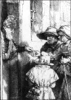 «Οικογένεια ζητιάνων στο κατώφλι σπιτιού» του Ρέμπραντ (Χ. Χατζηνικολάου, Ιστορίες σε μαύρο και άσπρο. εκδ. Μπενάκη, 2004).