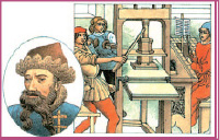 Το πιεστήριο του Γουτεμβέργιου: απαρχή της μαζικής αναπαραγωγής τυπωμένων κειμένων (Μπ. Ντελφ & Ρ. Πλατ, Εν Αρχή... συνοπτική ιστορία του κόσμου καί της ανθρωπότητας, εκδ. Πατάκη).