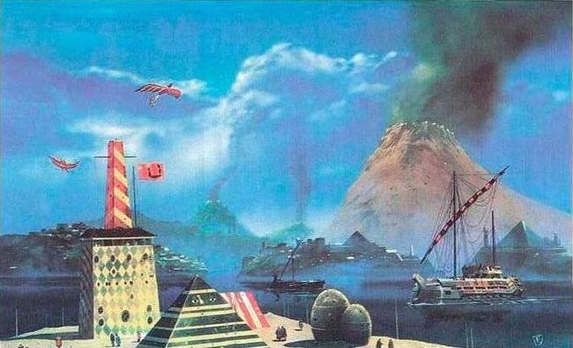 &laquo;Ατλαντίς&raquo;, πίνακας του Chris Foss (γύρω στο 1980). Ο πλατωνικός μύθος για την Ατλαντίδα, την πόλη που βυθίστηκε στον Ωκεανό, ενέπνευσε και εμπνέει μυθιστοριογράφους, ποιητές, φιλοσόφους και ζωγράφους.