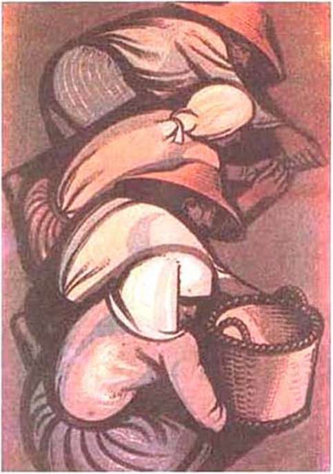 Τάσσος (Αλεβίζος) (1914-1985), «Αγρότες της Μεσσηνίας» (1957) έγχρωμη ξυλογραφία