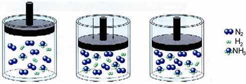 ΣΧΗΜΑ 4.7 Διαγραμματική απεικόνιση της επίδρασης που έχει η ελάττωση του
				όγκου του δοχείου (αύξηση της πίεσης) στη θέση της ισορροπίας:
				Ν2+3Η2 2ΝΗ3
				Στην περίπτωση αυτή έχουμε μετατόπιση της ισορροπίας προς τα δεξιά, σύμφωνα με
				την αρχή Le Chatelier.