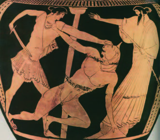 Ο Θησέας ορμά με το ξίφος του στον Μινώταυρο