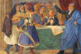 φωτ. 11.4 Η ίδρυση από τον Καποδίστρια του Πανελληνίου Συμβουλευτικού Σώματος. Τοιχογραφία από τη Βουλή.