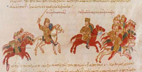 Μικρογραφία από τη χρονογραφία του Ιω. Σκυλίτζη με παράσταση σκηνής από τους αγώνες των Βυζαντινών (Ιστορία του Ελληνικού Έθνους)