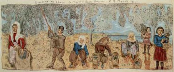 Θεόφιλος, «Το μάζεμα των ελαιών», 1933. Μυτιλήνη, Μουσείο Θεόφιλου (Ιστορία της τέχνης στην Ελλάδα, εκδ. Αδάμ)