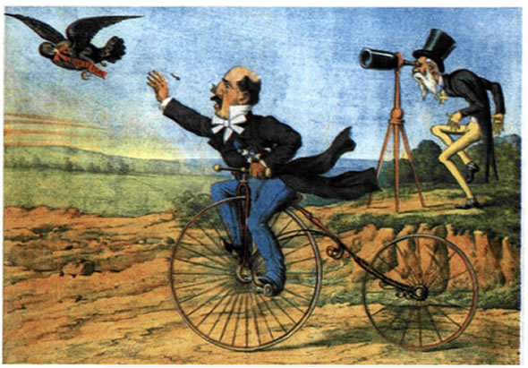 «Ο τρέχων κατόπιν του ισοζυγίου και μη φθόνων ποτέ αυτού». Γελοιογραφία από την εφημερίδα «Νέος Αριστοφάνης», που σατιρίζει την προσπάθεια του Τρικούπη να καλύψει το δημόσιο έλλειμμα. Βιβλιοθήκη της Βουλής των Ελλήνων.