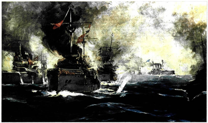 Β. Χατζή (1865-19151, «Η Ναυμαχία της Έλλης», Εθνική Πινακοθήκη, Συλλογή Κουτλίδη, Αθήνα. Στις 3 Δεκεμβρίου 1912 ο ελληνικός στόλος, με επικεφαλής τον υποναύαρχο Παύλο Κουντουριώτη, κατανίκησε τον τουρκικό σε ναυμαχία κοντά στον Ελλήσποντο, εξασφαλίζοντας την ελληνική κυριαρχία στο Αιγαίο.