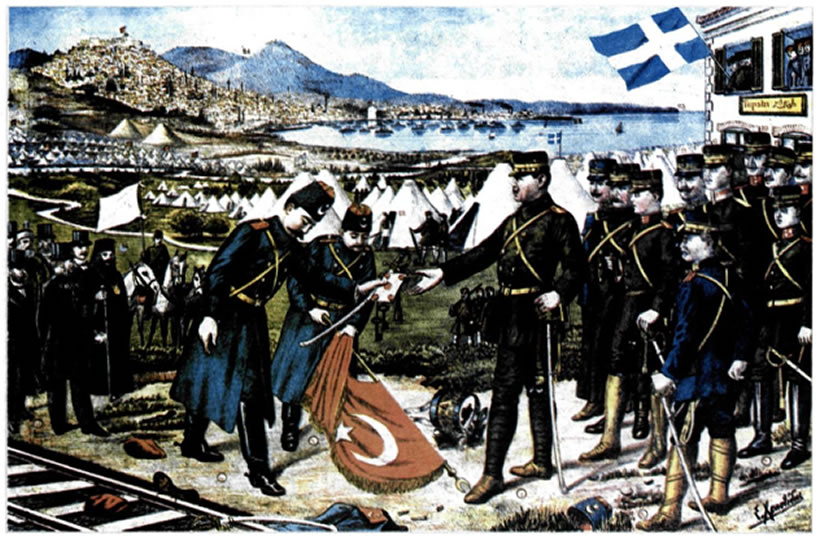 Λαϊκή λιθογραφία που απεικονίζει την παράδοση της Θεσσαλονίκης στον διάδοχο Κωνσταντίνο, επικεφαλής του ελληνικού στρατού, από τον Τούρκο Ταχσίν πασά (27 Οκτωβρίου 1912). Η ταχεία ελληνική προέλαση προς τη Θεσσαλονίκη απέτρεψε την είσοδο των Βουλγάρων στην πόλη. Συλλογή Ιστορικής και Εθνολογικής Εταιρείας της Ελλάδος.