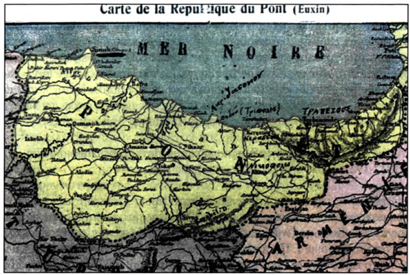 Χάρτης της δημοκρατίας του Πόντου. Οι Έλληνες του Πόντου επιδίωκαν αρχικά την ίδρυση ελληνικού κράτους στη βόρεια Μικρά Ασία, αίτημα που δεν υιοθέτησε ο Ελ. Βενιζέλος για λόγους διπλωματικής τακτικής. Οι Πόντιοι τελικά προσανατολίστηκαν στη δημιουργία ποντο- αρμενικής ομοσπονδίας, όμως η άνοδος του τουρκικού εθνικισμού απέτρεψε μια τέτοια εξέλιξη.