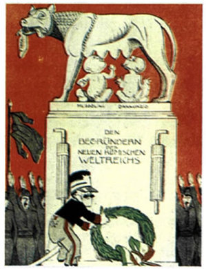 Γερμανικές γελοιογραφίες που ασκούν κριτική στο φασιστικό καθεστώς του Μπενίτο Μουσολίνι και στον βασιλιά Βίκτορα Εμμανουήλ, ο οποίος το στήριζε. Το Εθνικό Φασιστικό Κόμμα ανέλαβε την εξουσία έπειτα από την «πορεία στη Ρώμη» (Οκτώβριος 1922). Ο Μουσολίνι διατηρήθηκε στην εξουσία έως το 1943, οπότε καθαιρέθηκε.