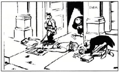 Βρετανική γελοιογραφία του David Low το 1933, που σατιρίζει την περιφρόνηση της ΚΤΕ από τους Ιάπωνες. Δείχνει έναν Ιάπωνα στρατιωτικό να Βαδίζει πάνω από την Κοινωνία των Εθνών, ενώ οι αξιωματούχοι της ΚΤΕ υποκλίνονται μπροστά του και ο Βρετανός υπουργός Εξωτερικών John Simon πουδράρει τη μύτη της ΚΤΕ χρησιμοποιώντας ένα κουτί καλλυντικά.