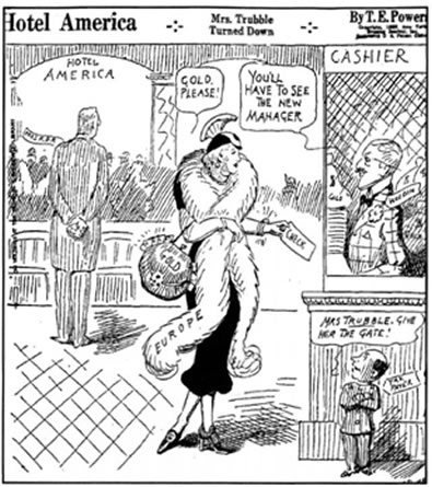 Γελοιογραφία από τον αμερικανικό Τύπο, που σατιρίζει την οικονομική αφερεγγυότητα της Ευρώπης απέναντι στις ΗΠΑ Οι περισσότερες ευρωπαϊκές χώρες αδυνατούσαν να αντιμετωπίσουν τα οικονομικά προβλήματα, τα οποία προκαλούσαν κοινωνικές εντάσεις στο εσωτερικό και έπλητταν το γόητρο τους στις διεθνείς οικονομικές σχέσεις. Αντιθέτως οι ΗΠΑ πέτυχαν με μία σειρά μέτρων, βασισμένων στον κρατικό παρεμβατισμό, τη μείωση της ανεργίας και την οικονομική τους ανάκαμψη.