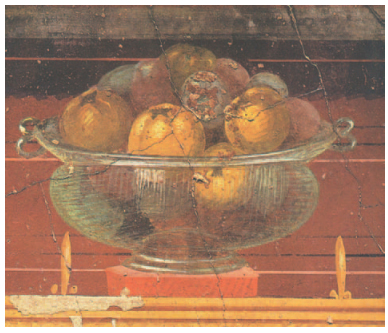 55. « Γυάλινο βάζο με ρόδια» Τοιχογραφία. Πομπηία 1ος αι. Σε μια περίοδο ευημερίας και λατρείας της φυσικής ομορφιάς, οι ζωγράφοι πλούτισαν το χρώμα τους με περισσότερους τόνους που έδιναν την εντύπωση του όγκου και της διαφάνειας.