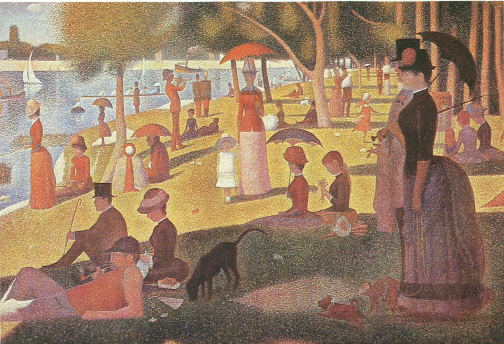 65. «Η Γκραντ Ζατ» είναι μια μεγάλη σύνθεση και αποτελεί αντιπροσωπευτικό δείγμα της τεχνοτροπίας του πουαντιγισμού. Η νωχελικότητα και η γαλήνη ενός ηλιόλουστου απογεύματος εκφράζεται με τη σταθερότητα των μορφών που μοιάζουν ακινητοποιημένες, σαν να έχει σταματήσει ο χρόνος. Ο Σερά για το σκοπό αυτό οργανώνει τη σύνθεσή του με αυστηρότητα, χρησιμοποιώντας κάθετες, οριζόντιες και ελαφρά πλάγιες γραμμές που ορίζουν τις θέσεις των ανθρώπων, των δέντρων, των σκιών και του ορίζοντα.