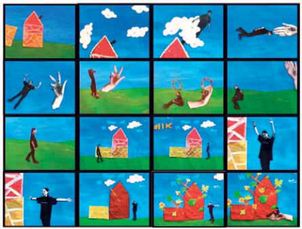 179. Storyboard κινουμένου σχεδίου. Ομαδική εργασία παιδιών κατασκευασμένη με κομμάτια χαρτιών και φωτογραφιών που αλλάζουν θέσεις πάνω σ’ ένα ζωγραφισμένο φόντο.