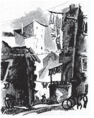 259. Ν. Βεντούρας «Οδός Αγίας Σοφίας» 1945 χαλκογραφία, ξηρή χάραξη