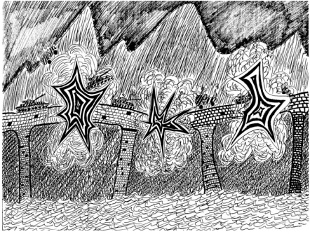 68. Ο Χρήστος κατάφερε να αποδώσει την πιο δραματική στιγμή της μάχης, δημιουργώντας μια δυναμική σύνθεση. Τοποθετεί το κυρίως θέμα του στη μέση της ζωγραφικής επιφάνειας και τονίζει τις εκρήξεις με έντονες ακτινωτές φόρμες. Η γέφυρα συγκλονίζεται από την έκρηξη, καμπυλώνει και σπάει, ενώ τα στηρίγματά της συγκλίνουν. Το βουνό με το ανήσυχο σχήμα του συμμετέχει στην ένταση της στιγμής.