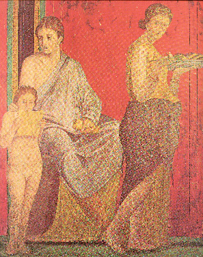 338. Αγόρι που διαβάζει τελετουργικές διατάξεις της μύησης κάτω από την καθοδήγηση μιας γυναίκας. Τοιχογραφία από τη Βίλα των Μυστηρίων Πομπηία 1ος αι. π.Χ.