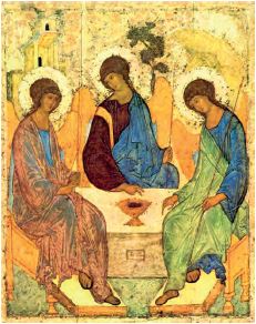 Η Φιλοξενία του Αβραάμ, Αν. Ρουμπλιώφ (14ος αι.). Η ορθόδοξη εικόνα για την Αγία Τριάδα