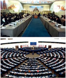 Επάνω: από την Αγία και Μεγάλη Σύνοδο της Ορθοδοξίας που πραγματοποιήθηκε στην Κρήτη τον Ιούλιο του 2016.Κάτω: άποψη του Ευρωκοινοβουλίου στο Στρασβούργο.