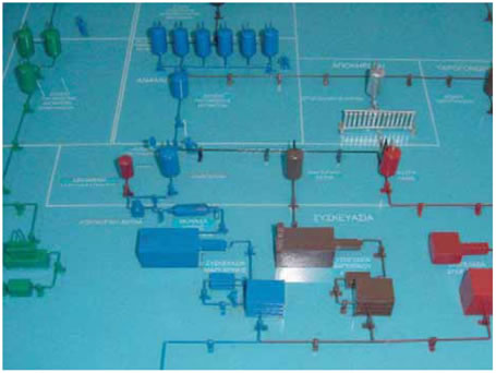 Εικ. 57 Μέρος της μακέτας βιομηχανίας παραγωγής φυτικών ελαίων, όπου απεικονίζονται αρκετές λεπτομέρειες από τις φάσεις παραγωγής.