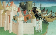 Βενετοί έμποροι στις προκυμαίες της Κων/λης. Μικρογραφία από το Βιβλίο των Θαυμάτων του Μάρκο Πόλο. Χειρόγραφο του 15ου αι. Παρίσι. Εθνική Βιβλιοθήκη.