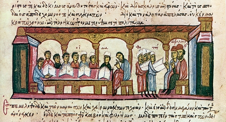 Καθηγητές και φοιτητές στο Διδασκαλείο των Νόμων. Μικρογραφία από χειρόγραφο του 13ου αι. Μαδρίτη, Εθνική Βιβλιοθήκη.