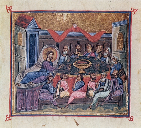 Ο Μυστικός Δείπνος. Μικρογραφία από χειρόγραφο ευαγγελιστάριο του 11ου αι. Άγιον Όρος, Μονή Αγίου Διονυσίου.