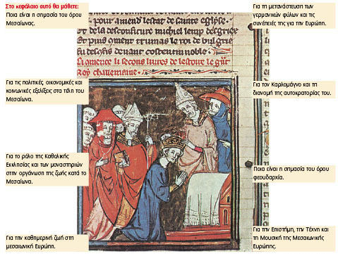 Ο Καρλομάγνος στέφεται αυτοκράτορας των Ρωμαίων από τον πάπα στο ναό του Αγίου Πέτρου τα Χριστούγεννα του έτους 800.Μικρογραφία σε χειρόγραφο. Παρίσι, Εθνική Βιβλιοθήκη.