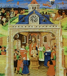 Η βάπτιση του Χλωδοβίκου Α' (περ. 496). Μικρογραφία σε χειρόγραφο. Βρυξέλλες, Βασιλική Βιβλιοθήκη.