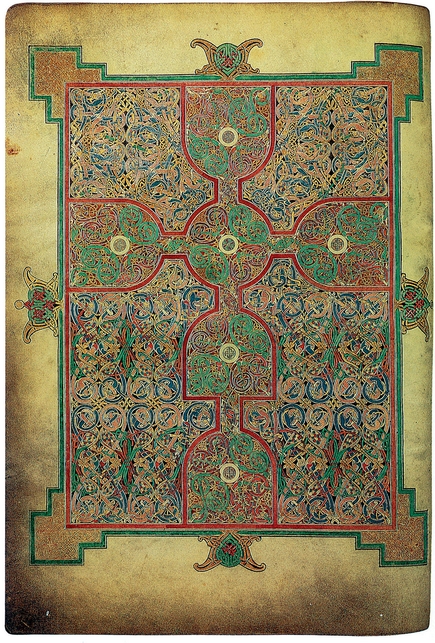 Σελίδα από Ευαγγέλιο (περ.698) της μονής Λίντισφαρν στη βόρεια Αγγλία. Λονδίνο, Βρετανική Βιβλιοθήκη. 