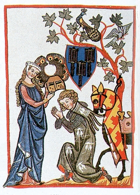 Ο ιππότης και η αγαπημένη του. Μικρογραφία σε χειρόγραφο εποχής. Χαϊδεβέργη, Βιβλιοθήκη.