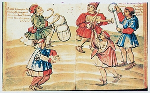 Περιπλανώμενοι μουσικοί.Μικρογραφία από  ισπανικό χειρόγραφο ισπανικό χειρόγραφο (1529). Μαδρίτη, Εθνική Βιβλιοθήκη. 