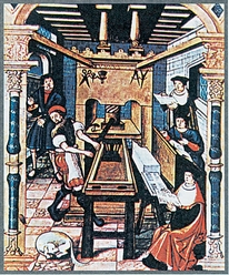 Τυπογραφείο. Μινιατούρα εποχής. Παρίσι, Εθνική Βιβλιοθήκη.