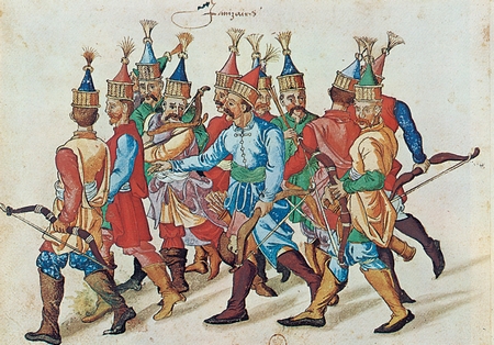 Γενίτσαροι. Παρίσι, Εθνική Βιβλιοθήκη. Το σώμα των γενιτσάρων (νέος στρατός) προερχόταν από εξισλαμισθέντα χριστιανόπουλα.