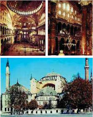 Κατω, άποψη της Αγίας Σοφίας. Επάνω, το εσωτερικό της Μεγάλης Εκκλησίας.