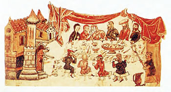 Δείπνο πλουσίων. Μικρογραφία χειρογράφου του 14ου αι.(Παρίσι. Εθνική Βιβλιοθήκη).